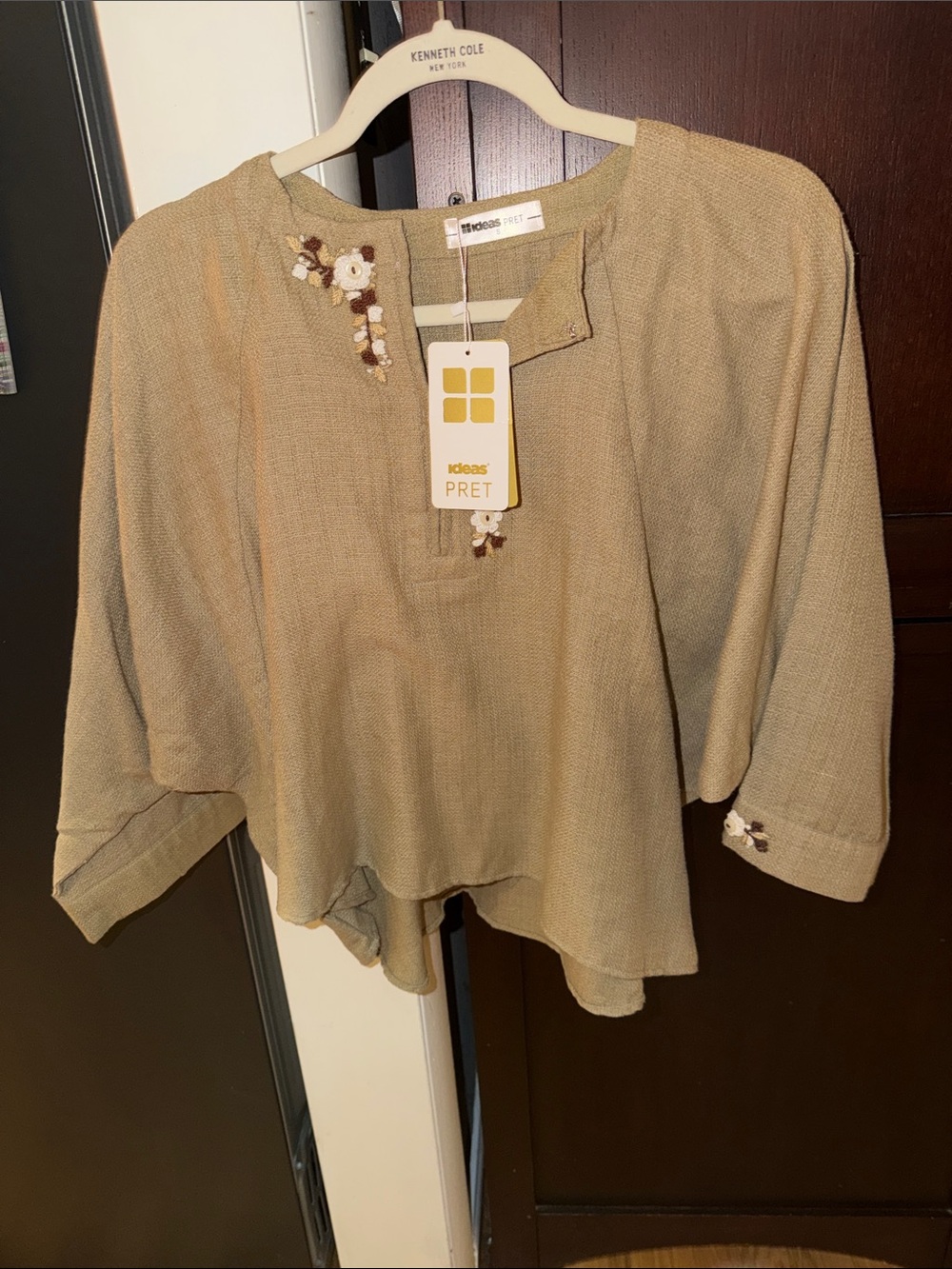 NWT ~ ideas Pret ~Linen Boho Embroidered Relaxed Top Dolman Jute Sleeve